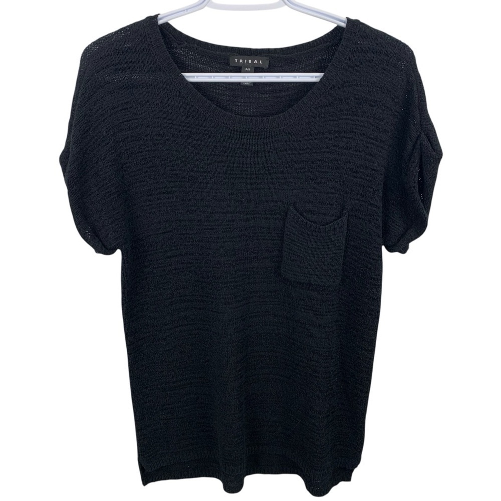 Tribal sz S Black Loose Knit Short Sleeve Tunic Top Front Pocket Hi-Lo Hem